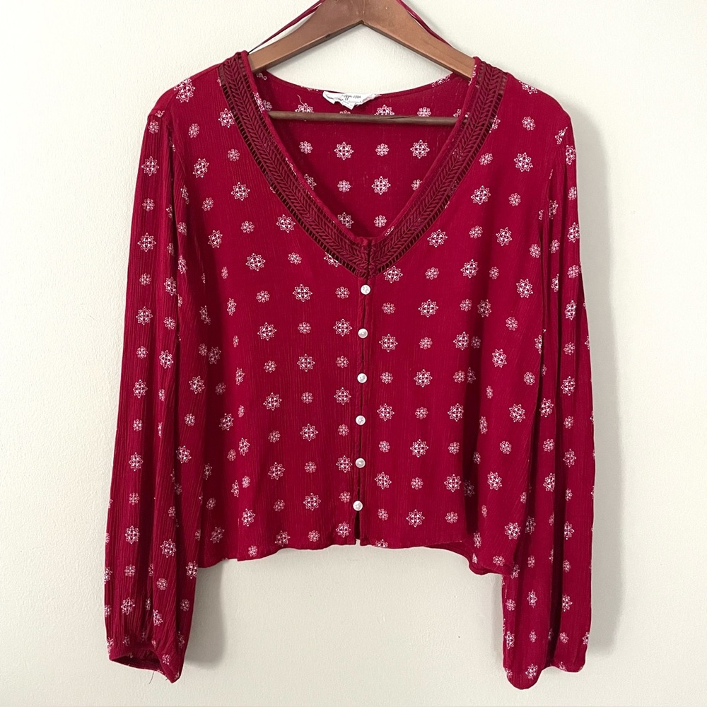 Hippie Rose Boho Cropped Peasant Top V-Neck Festival Casual Chic Comfy Rayon, L